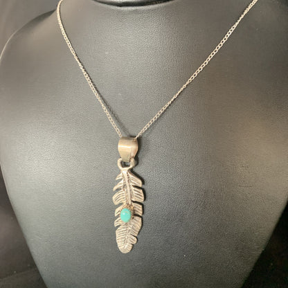 Womens Navajo Blue Turquois Sterling 16" Necklace Feather Pendant 13686