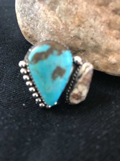 Crazy Horse & Blue Turquoise Navajo Indian Sterling Silver Ring Size 8 14698