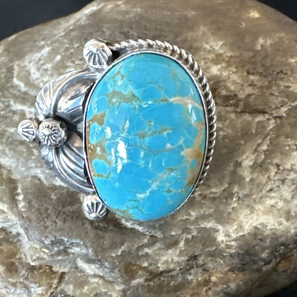 Navajo Blue Turquoise #8 Ring Sets Sz 8 | Sterling Silver | Authentic Native American Handmade | 18106