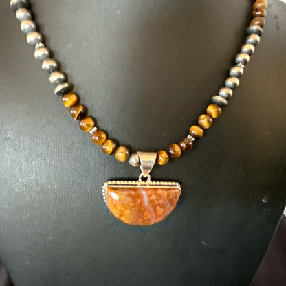 Coffee Tigers Eye Jasper Sterling Silver Pendant Necklace Southwestern 18290