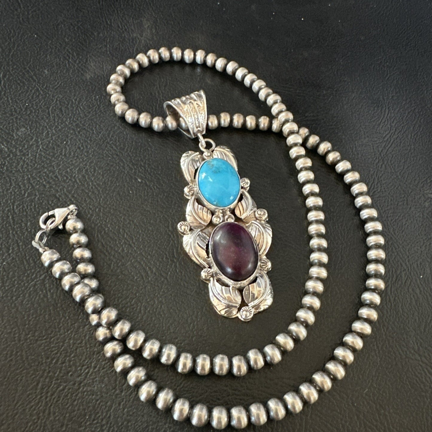 Blue Kingman Turquoise  Purple Stone Pendant Navajo Sterling Silver 18038