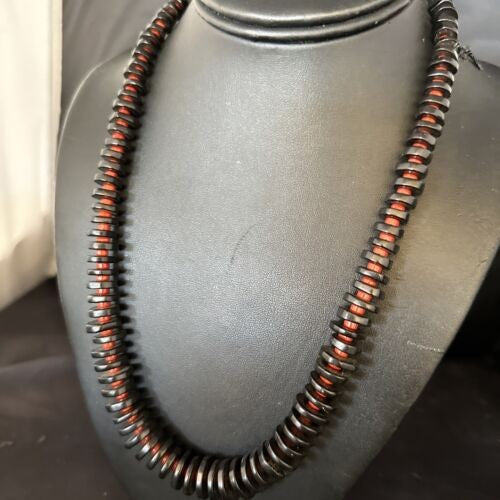 Navajo Bamboo Coral Black Onyx Necklace Sterling Silver 20" 14431