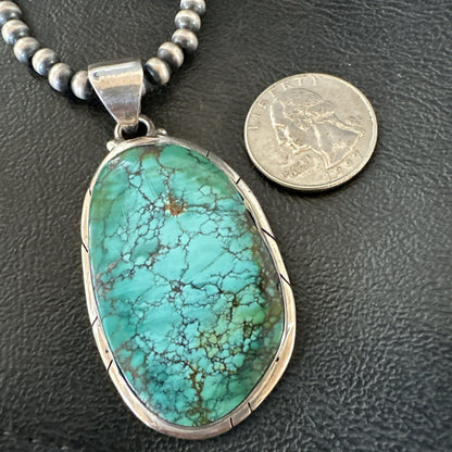 Blue  Green Spiderweb Turquoise Pendant  Sterling Silver Beads Necklace 19494