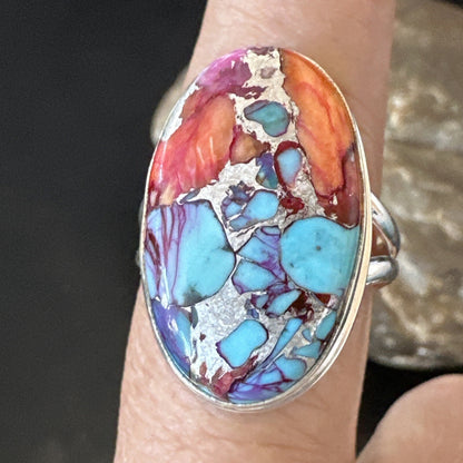 Blue Turquoise Spiny Oyster Southwestern Sterling Silver Ring Size 11 18449