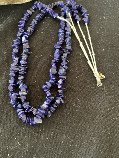 Blue Lapis Bead Liquid Heishi 2 Strands Sterling Silver Tubes Necklace 00853