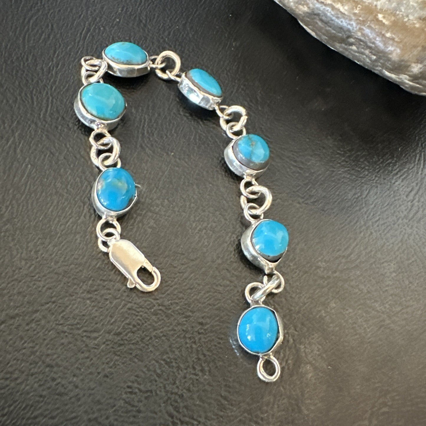 Blue Kingman Turquoise Navajo Sterling Silver Link Bracelet 7” 18299