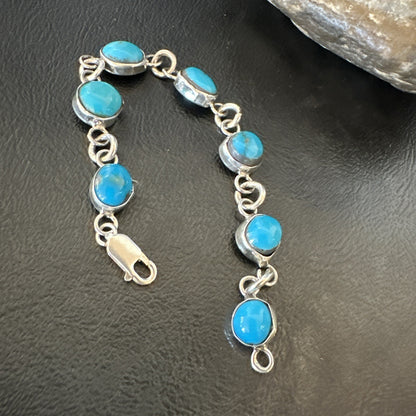 Blue Kingman Turquoise Navajo Sterling Silver Link Bracelet 7” 18299