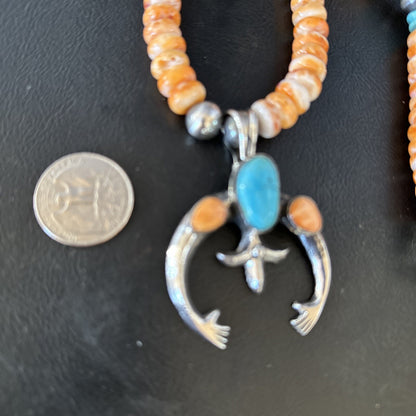 Blue Turquoise & Spiny Oyster Naja Pendant Navajo Sterling Silver Necklace 14811