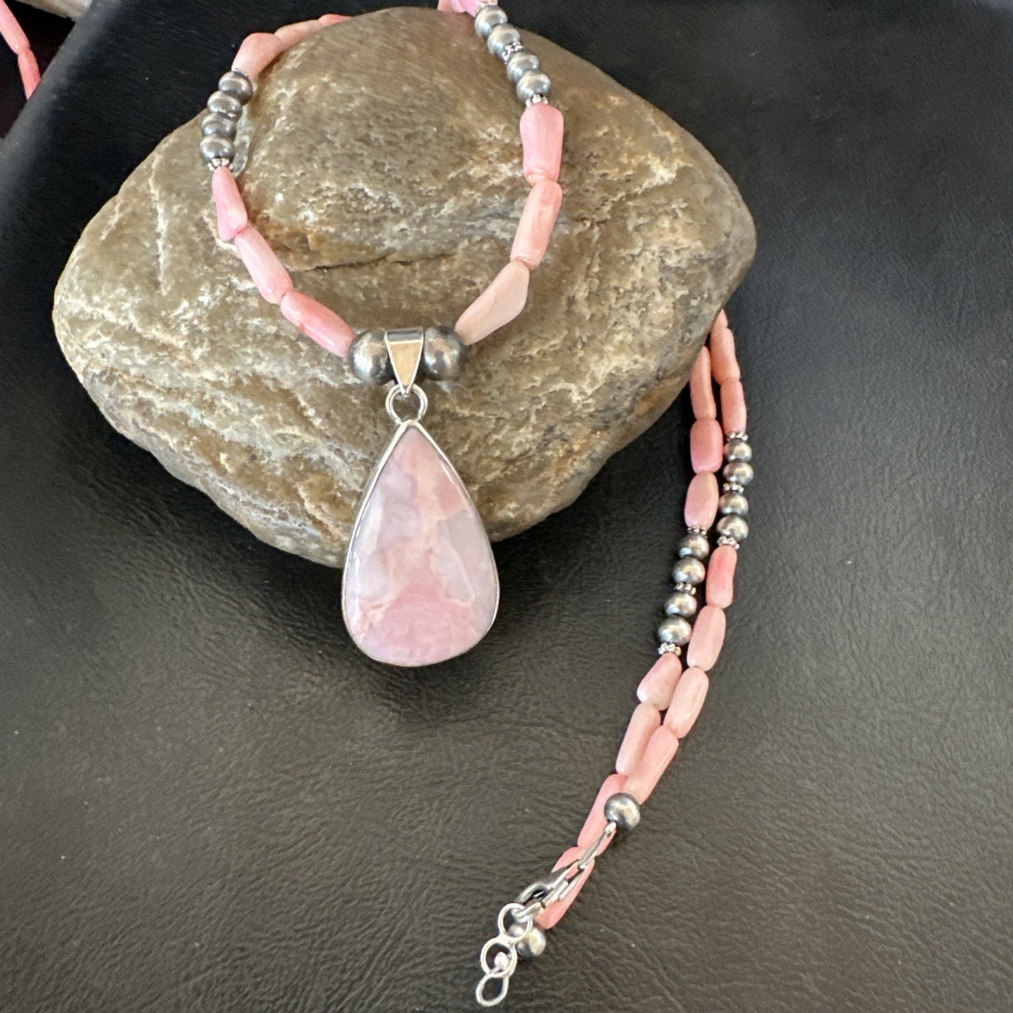 Southwestern Sterling Silver Pink Coral Bead Necklace Quartz Pendant 24" 19587