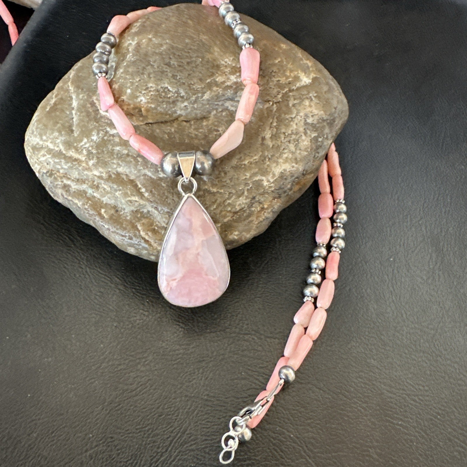 Southwestern Sterling Silver Pink Coral Bead Necklace Quartz Pendant 24" 19587
