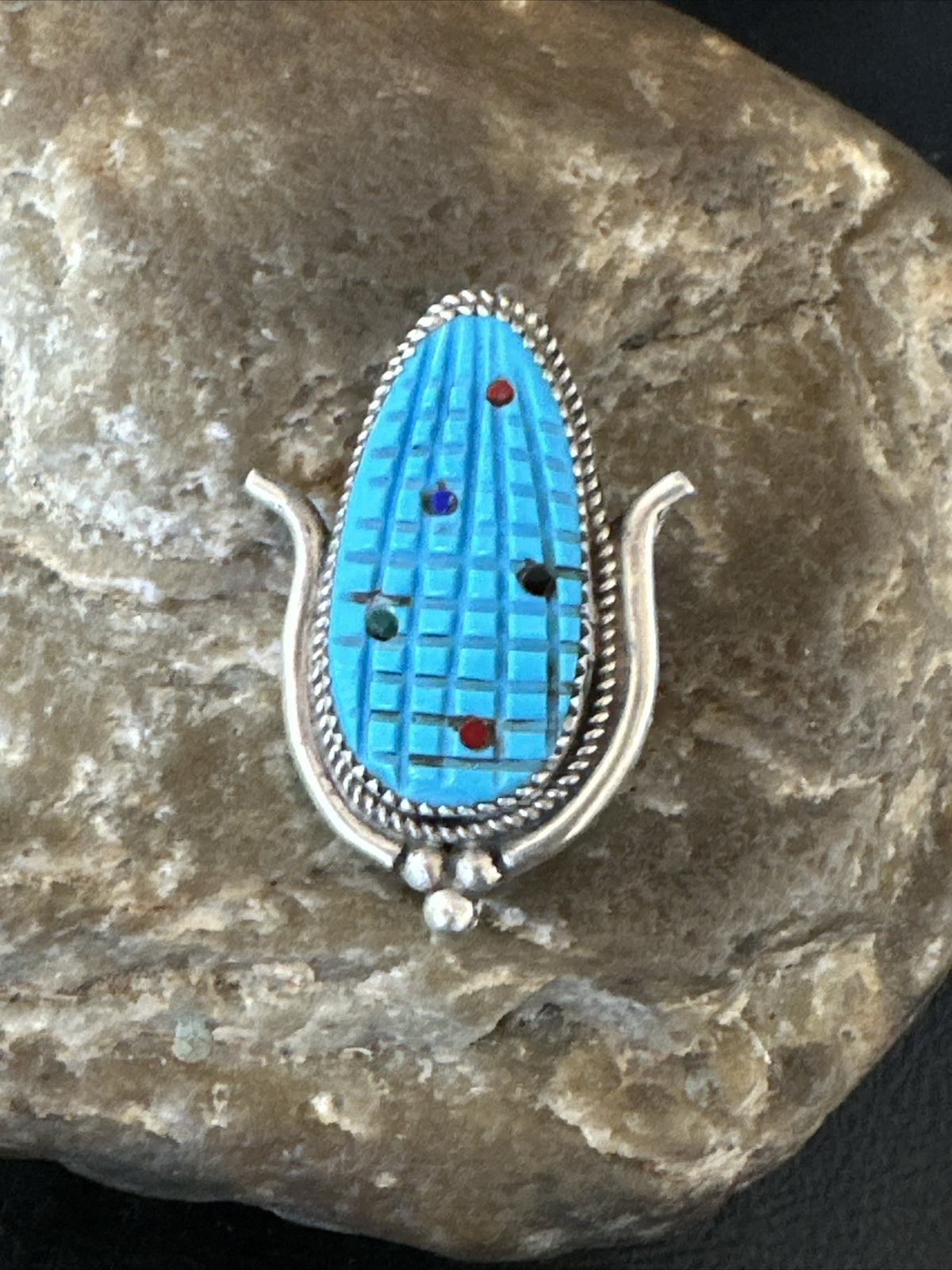 CORN INLAY Blue Turquoise MOP Spiny Zuni Sterling Silver Pin Pendant 17850