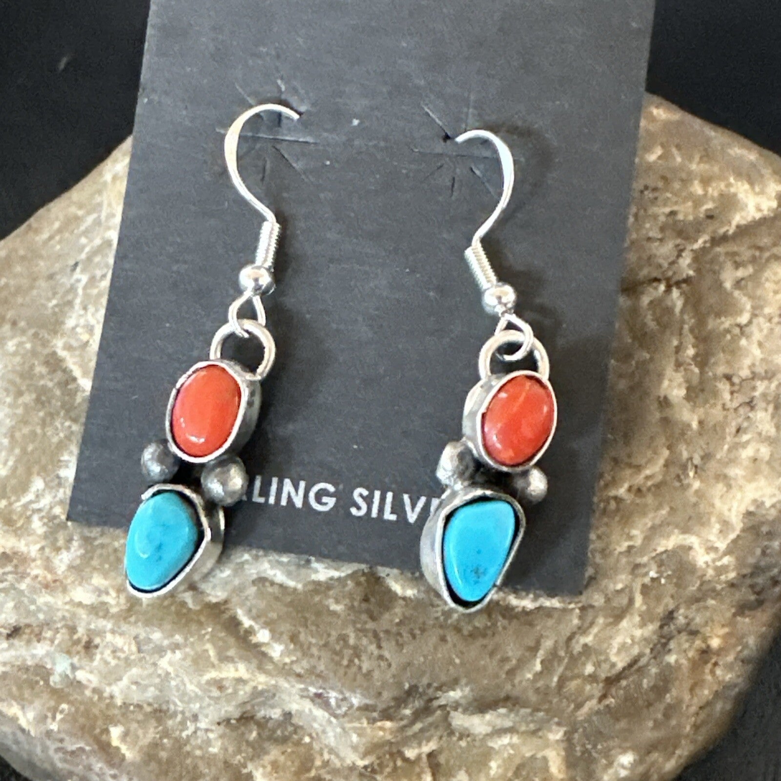 Handmade Blue Turquoise Red Coral Sterling Silver Navajo Dangle Earrings 18842