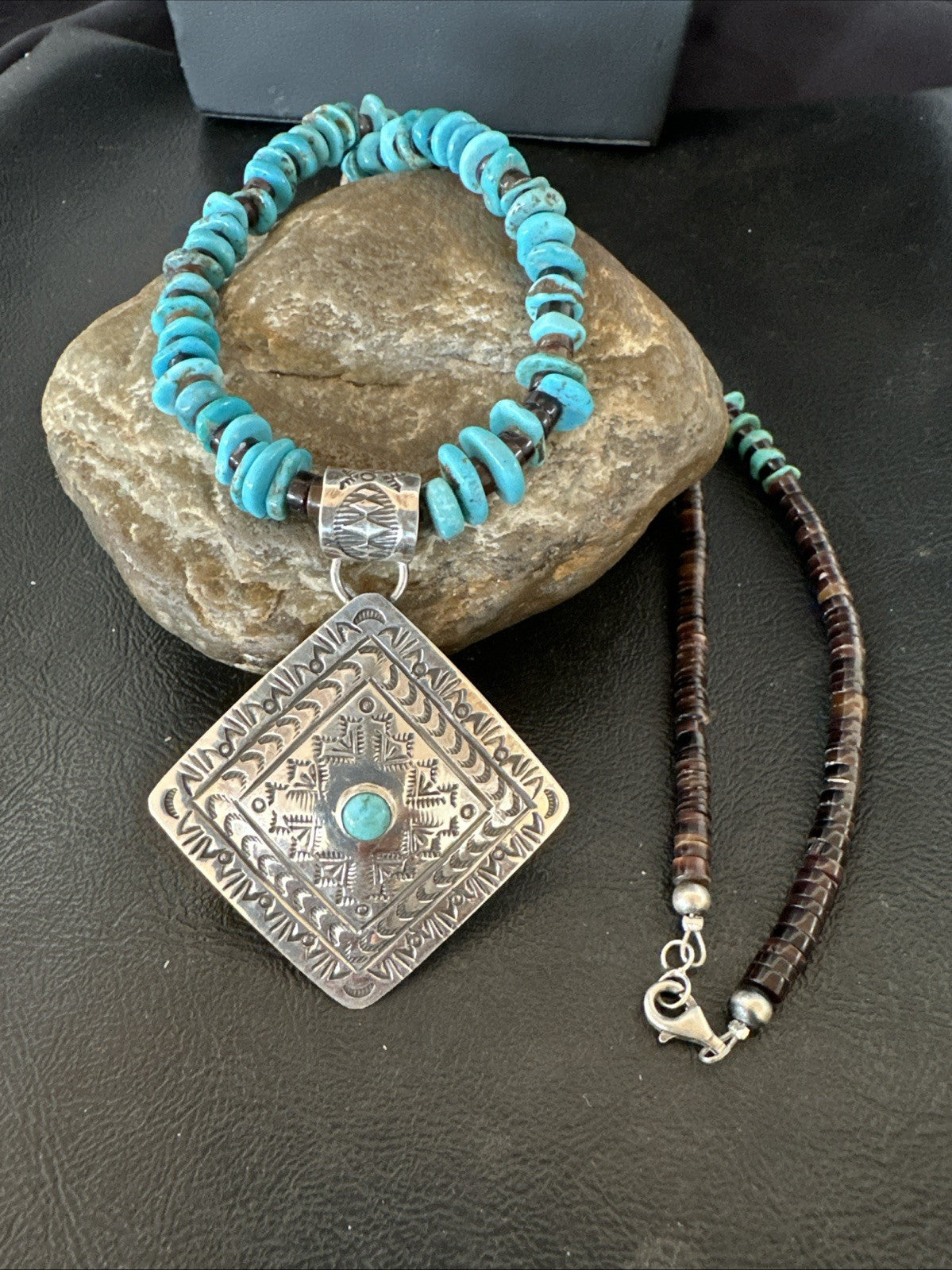 Navajo Blue Turquoise Stamped Pendant Shell Sterling Silver 25” Necklace 19709