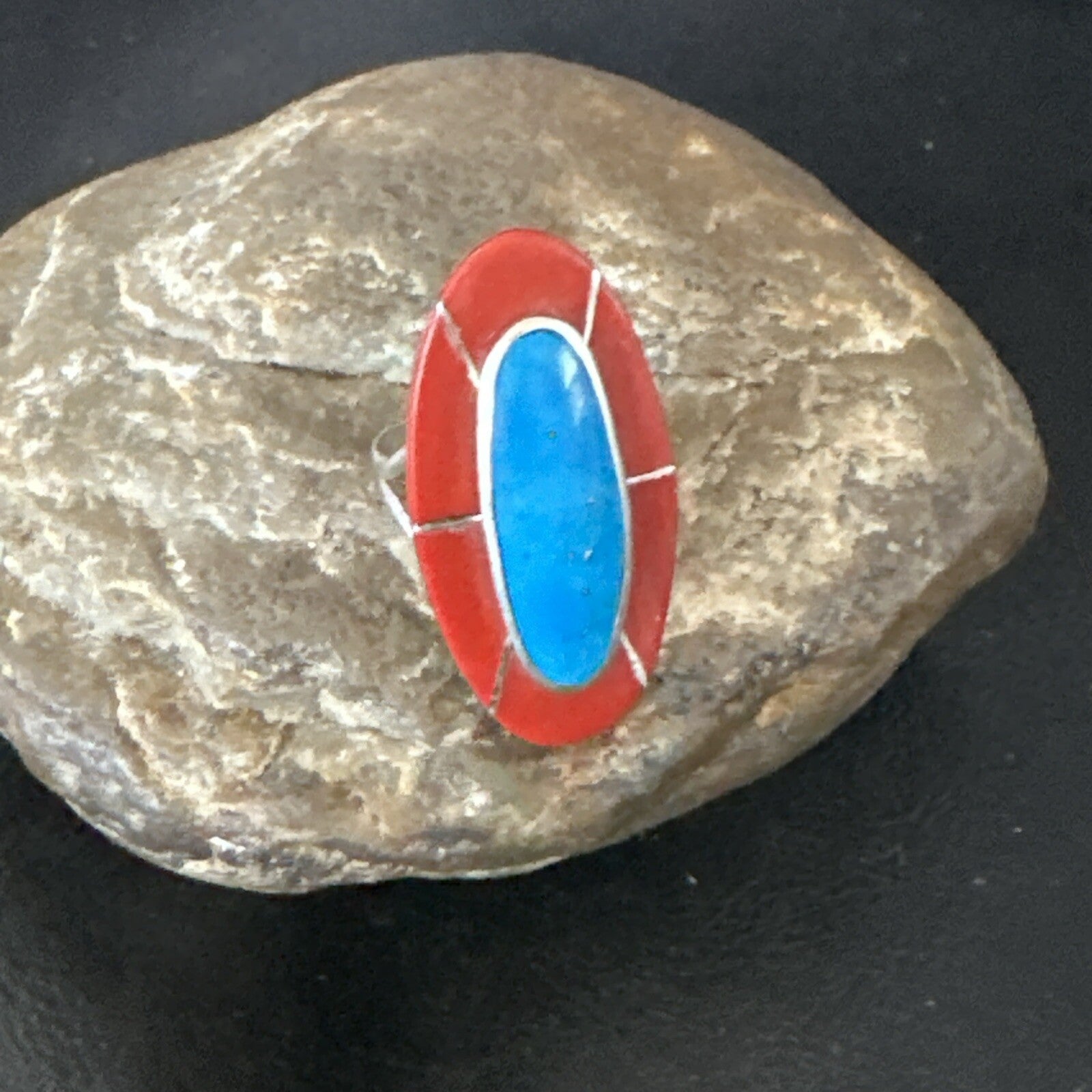 Blue Turquoise Coral Navajo Sterling Silver Ring Size 7.5 18767