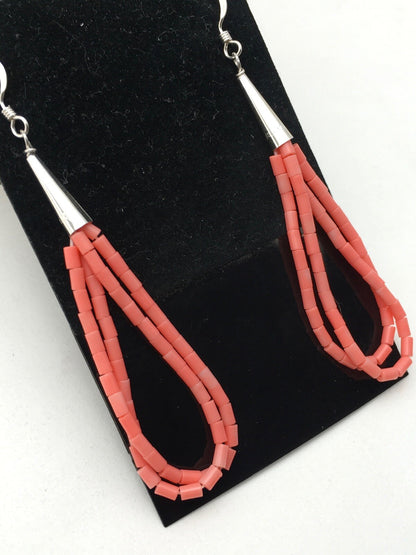 Pink Coral Heishi Liquid Sterling Silver Dangle 2 Strand Earrings 04398