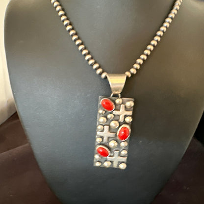 Navajo Pearls Red Coral Necklace Pendant 20” Native American 15909