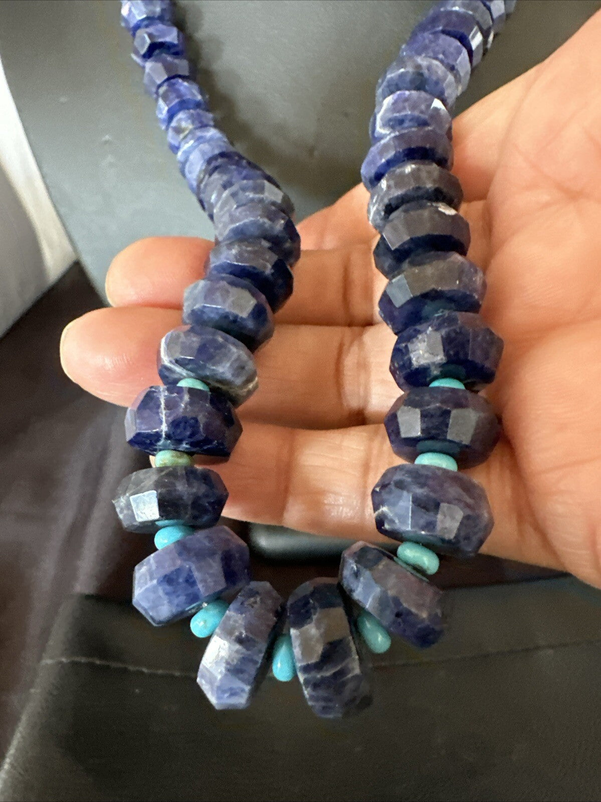 Mens Turquoise 12mm Faceted Lapis Bead Navajo Sterling Silver Necklace 23” 18276