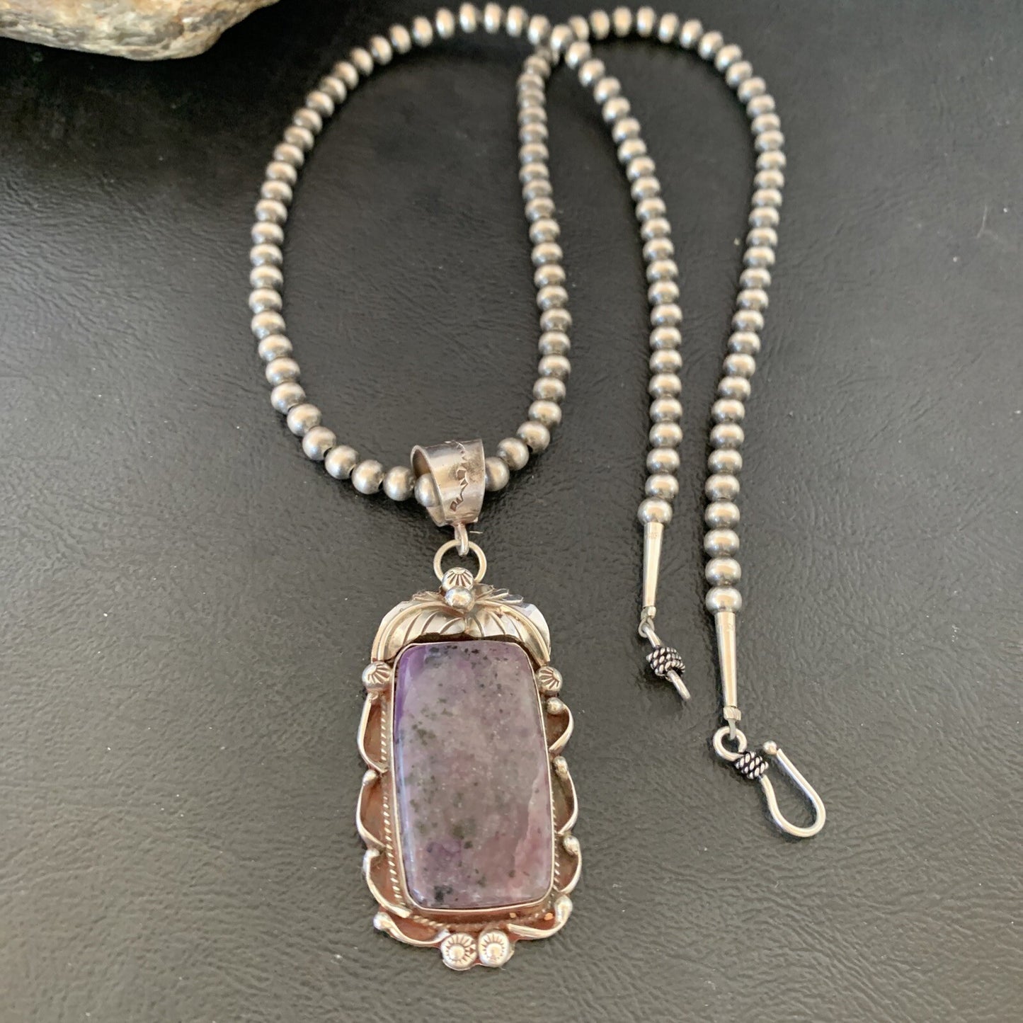 Purple Stone Pendant Navajo Pearls Sterling Silver Necklace 19459