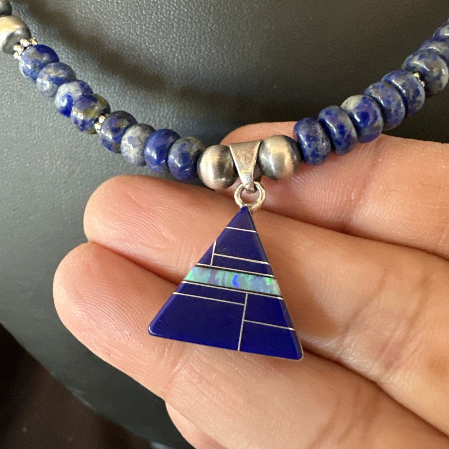 Blue~Lapis~Pendant~Navajo~Pearls~Sterling~Silver~Necklace~ 22”~18743
