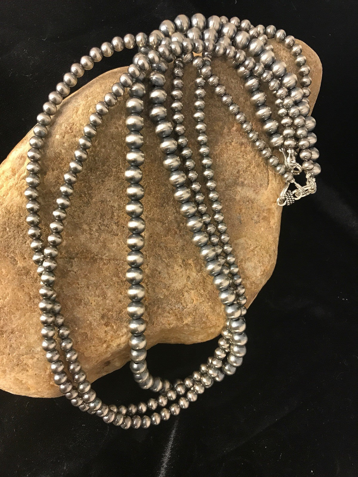 Native American 4, 5, 6 mm Sterling Silver Beads Navajo 3 Strand 18” Necklace