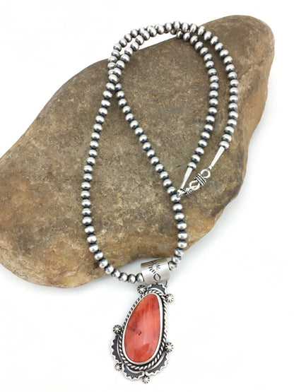 Orange Spiny Oyster Pendant Navajo Pearls Sterling Silver Necklace 1296