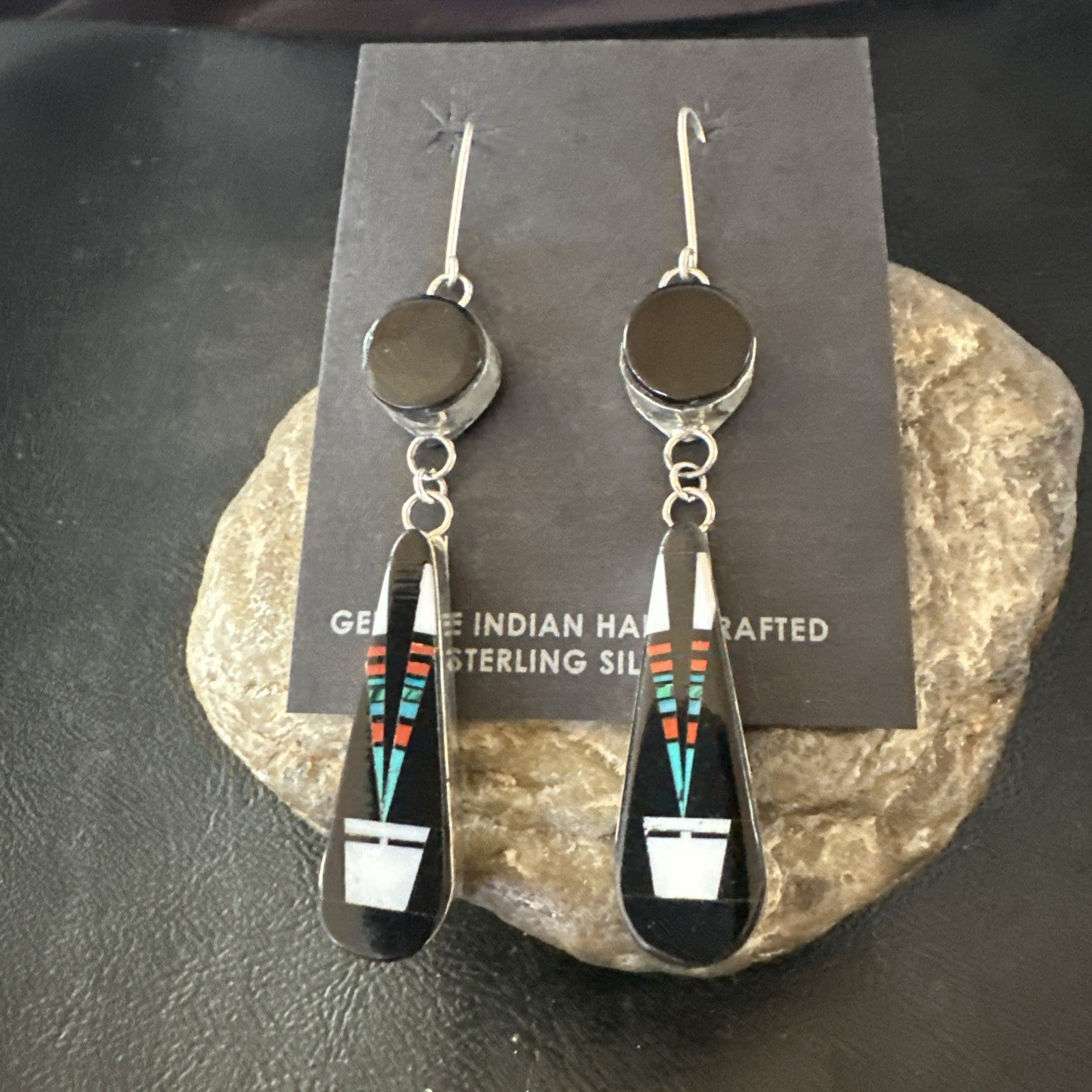 XL Navajo Onyx Turquoise Coral Inlay Earrings Sterling Silver Handmade 19774