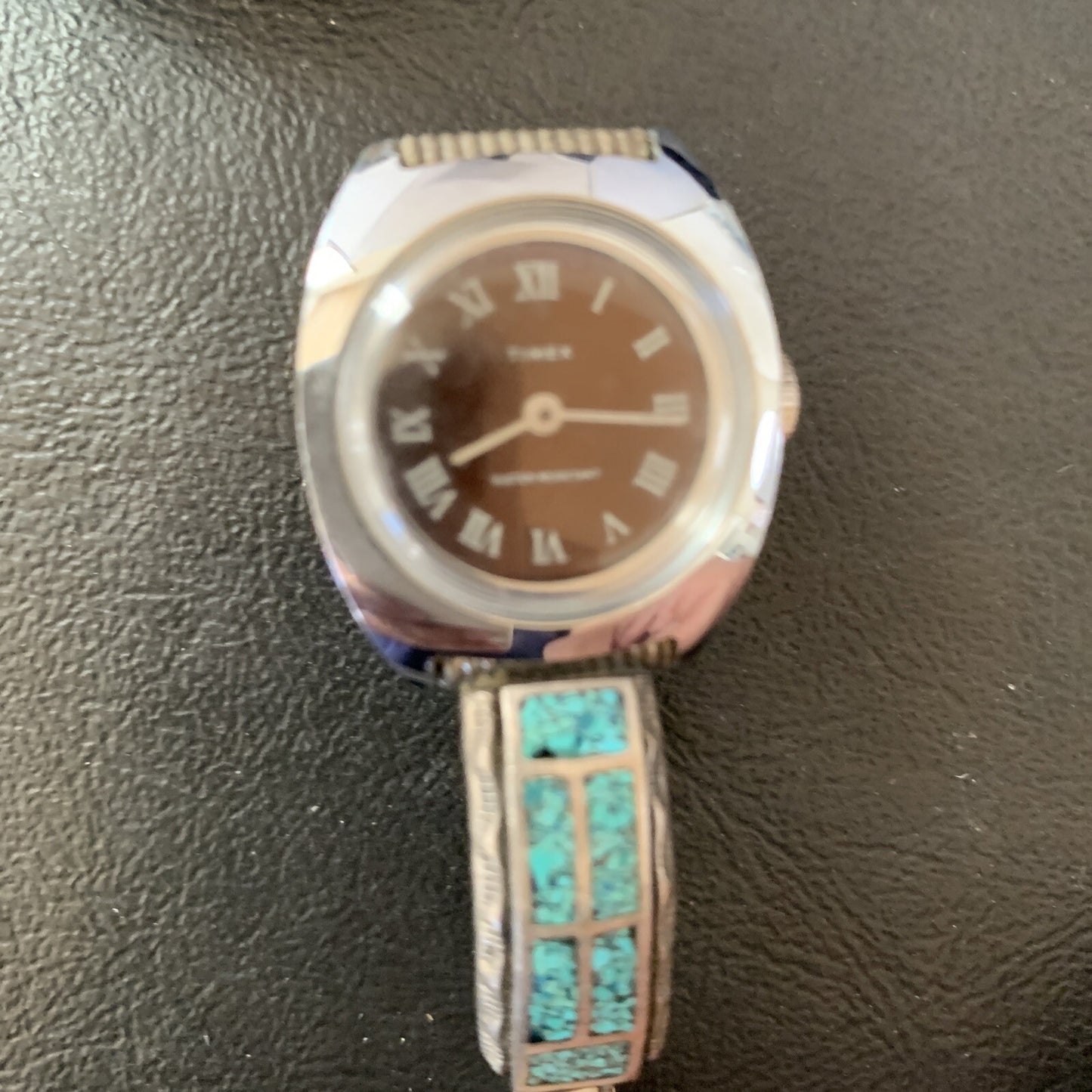 Blue Turquoise Chip Inlay Navajo Sterling Silver Old Pawn Watch Tips 1639