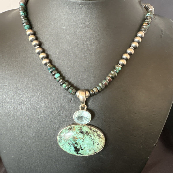 Men's Blue Spiderweb Turquoise Pendant Navajo Necklace | Sterling Silver | Authentic Native American Handmade | 18068