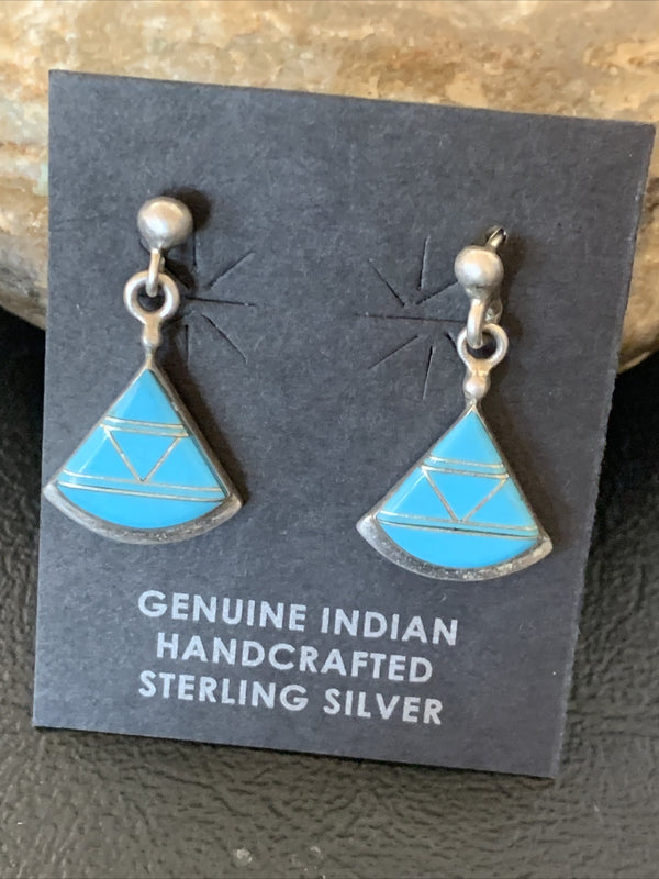 Blue Turquoise Inlay Zuni Dangle Post Earrings 1" | Sterling Silver | Authentic Native American Handmade | 12747