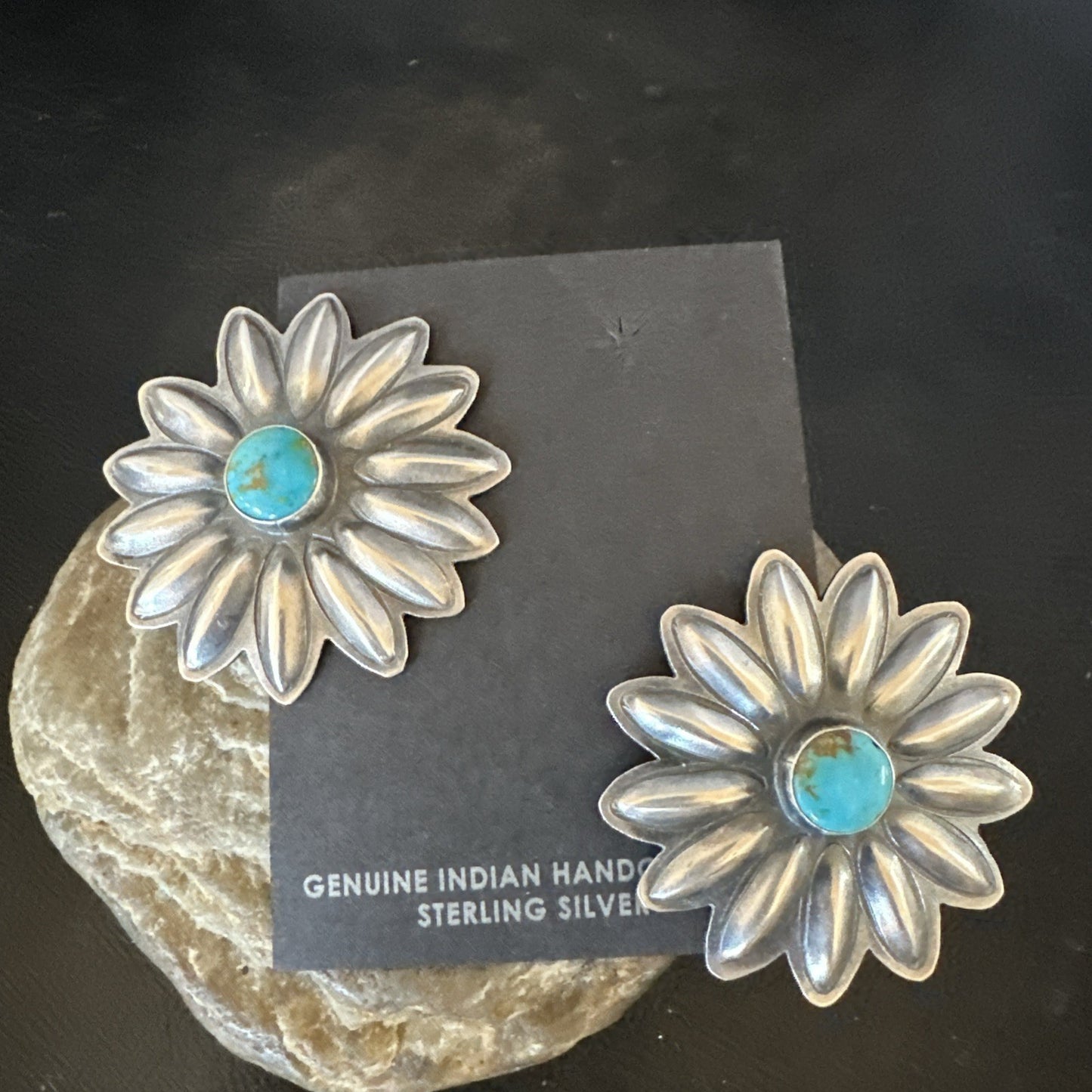 Navajo Blue Turquoise Sterling Silver Stamped Flower Earrings 19083