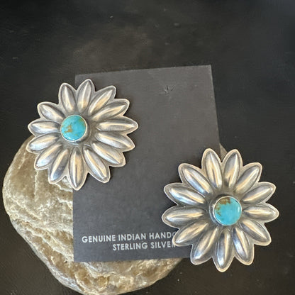 Navajo Blue Turquoise Sterling Silver Stamped Flower Earrings 19083