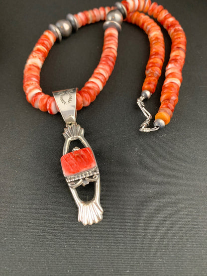 Native Mens Red Spiny Oyster Pendant Navajo Sterling Silver Necklace 04782