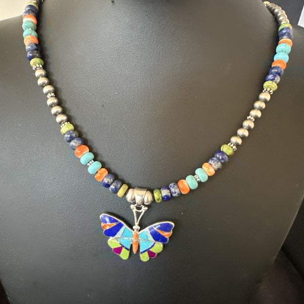 Butterfly Multicolor Turquoise Pendant Navajo Necklace | Sterling Silver | Authentic Native American Handmade | 18729