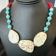 Men's Wild Horse Blue Turquoise Red Coral Navajo Necklace | Sterling Silver | Authentic Native American Handmade | 17982