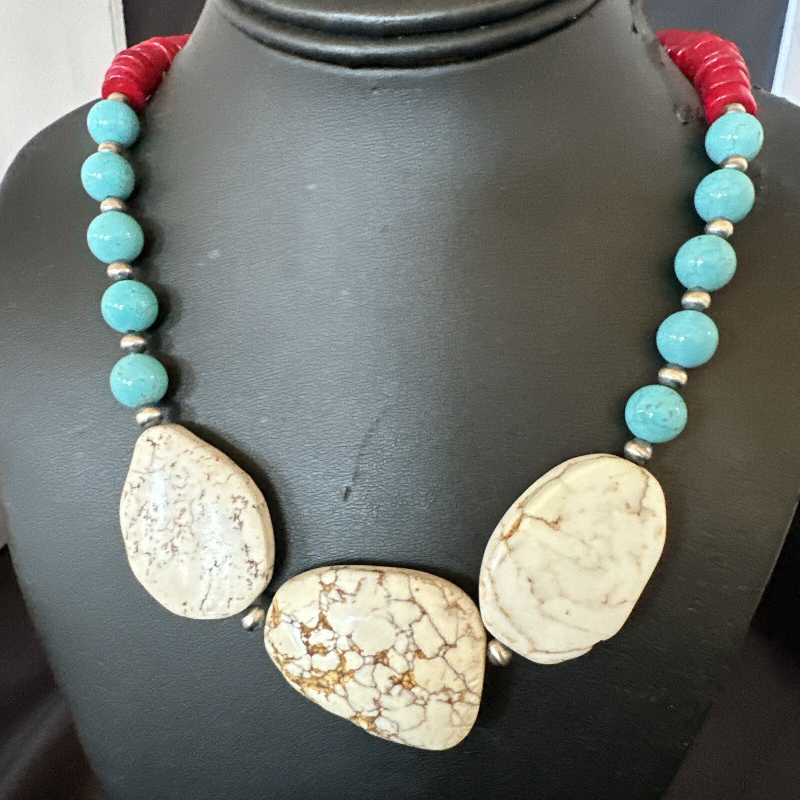 Mens Wild Horse Blue Turquoise Red Coral Navajo Sterling Silver Necklace 17982
