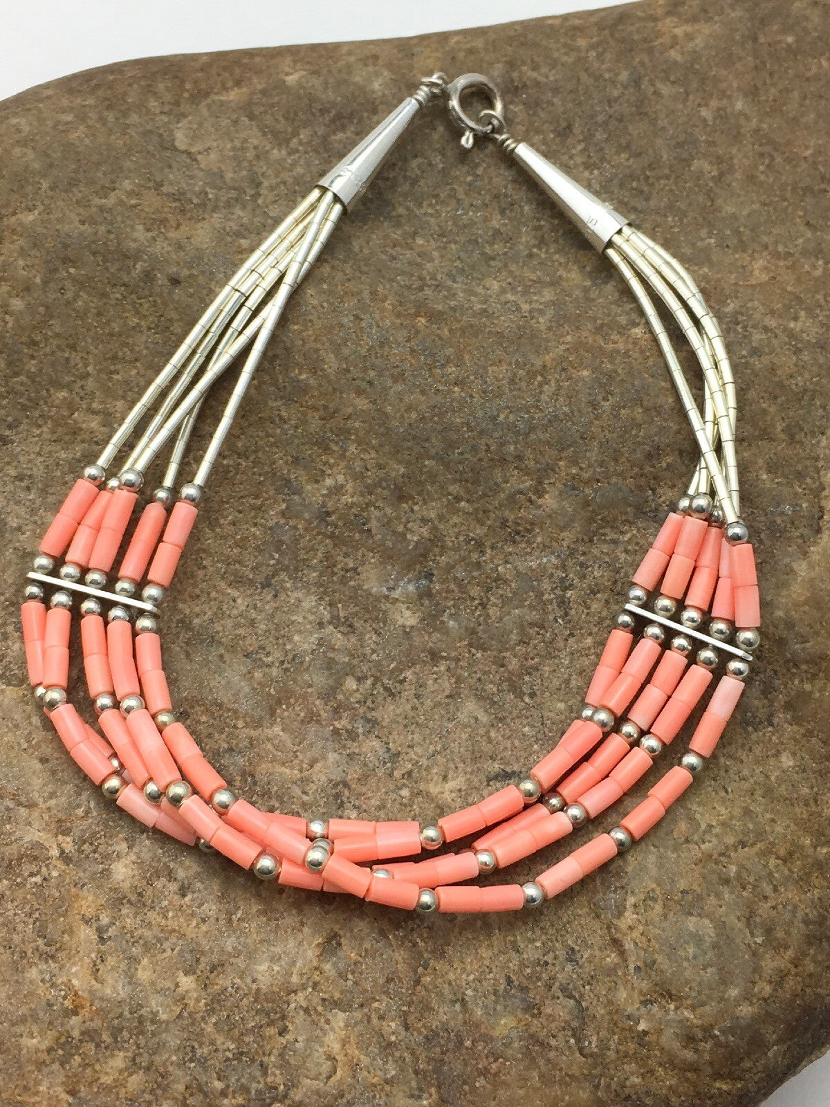 Native Pink Coral 5 Strand Heishi Liquid Sterling Silver Bracelet 7" 4345