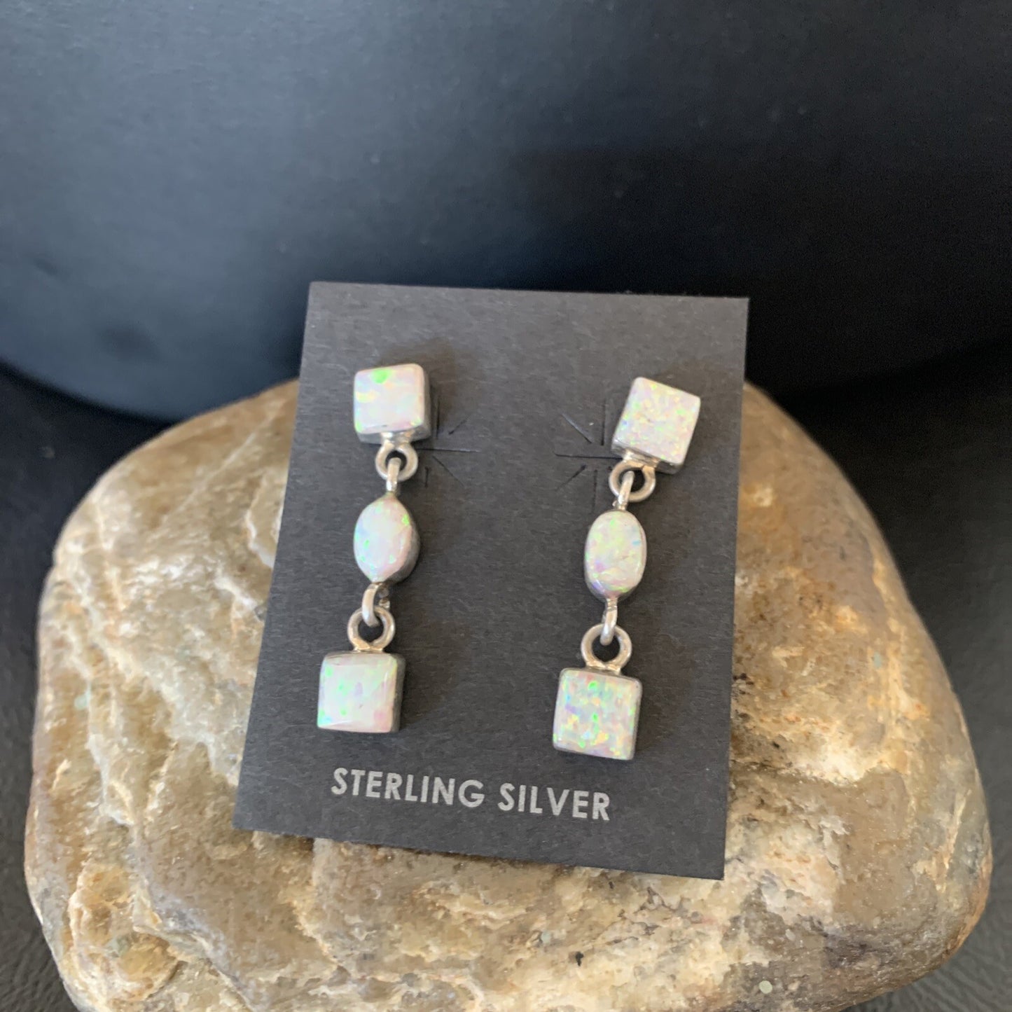 Womens White Opal Inlay Navajo Sterling Silver Dangle Post Earrings 1" 12769