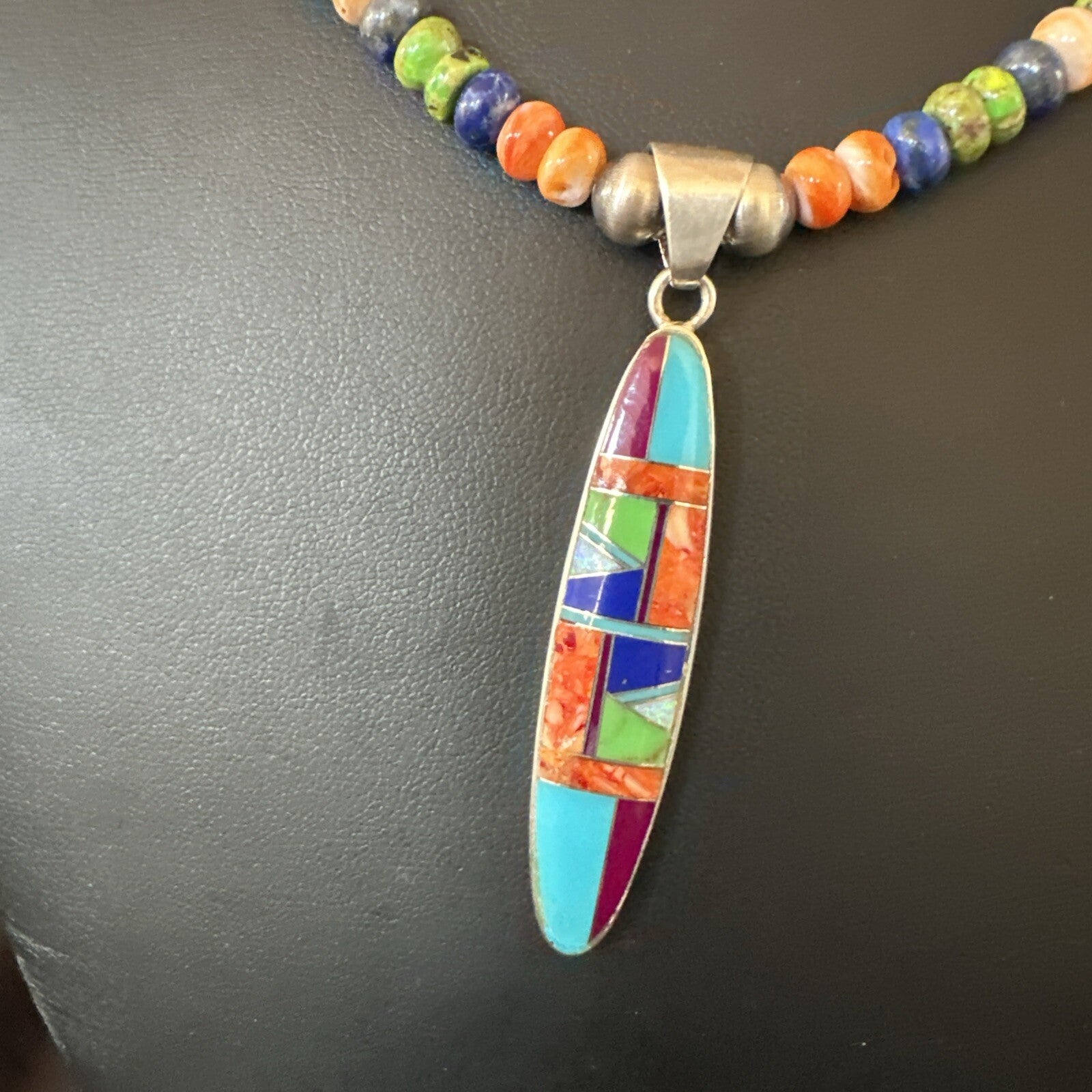Turquoise Spiny Oyster Inlay Pendant Navajo Sterling Silver Necklace 21" 18822