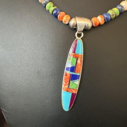 Turquoise Spiny Oyster Inlay Pendant Navajo Sterling Silver Necklace 21" 18822