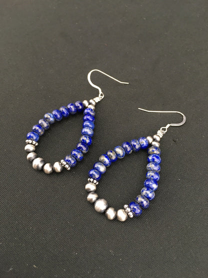 Blue Lapis Lazuli Bead Navajo Sterling Silver Dangle Earrings 2" 1250