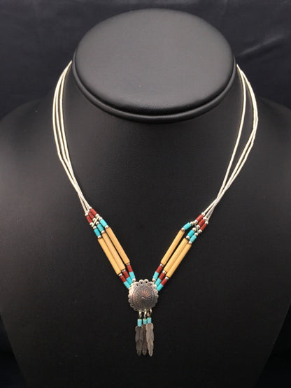 Concho Heishi Tubes 3 Strand Liquid Sterling Silver Navajo Necklace 4373