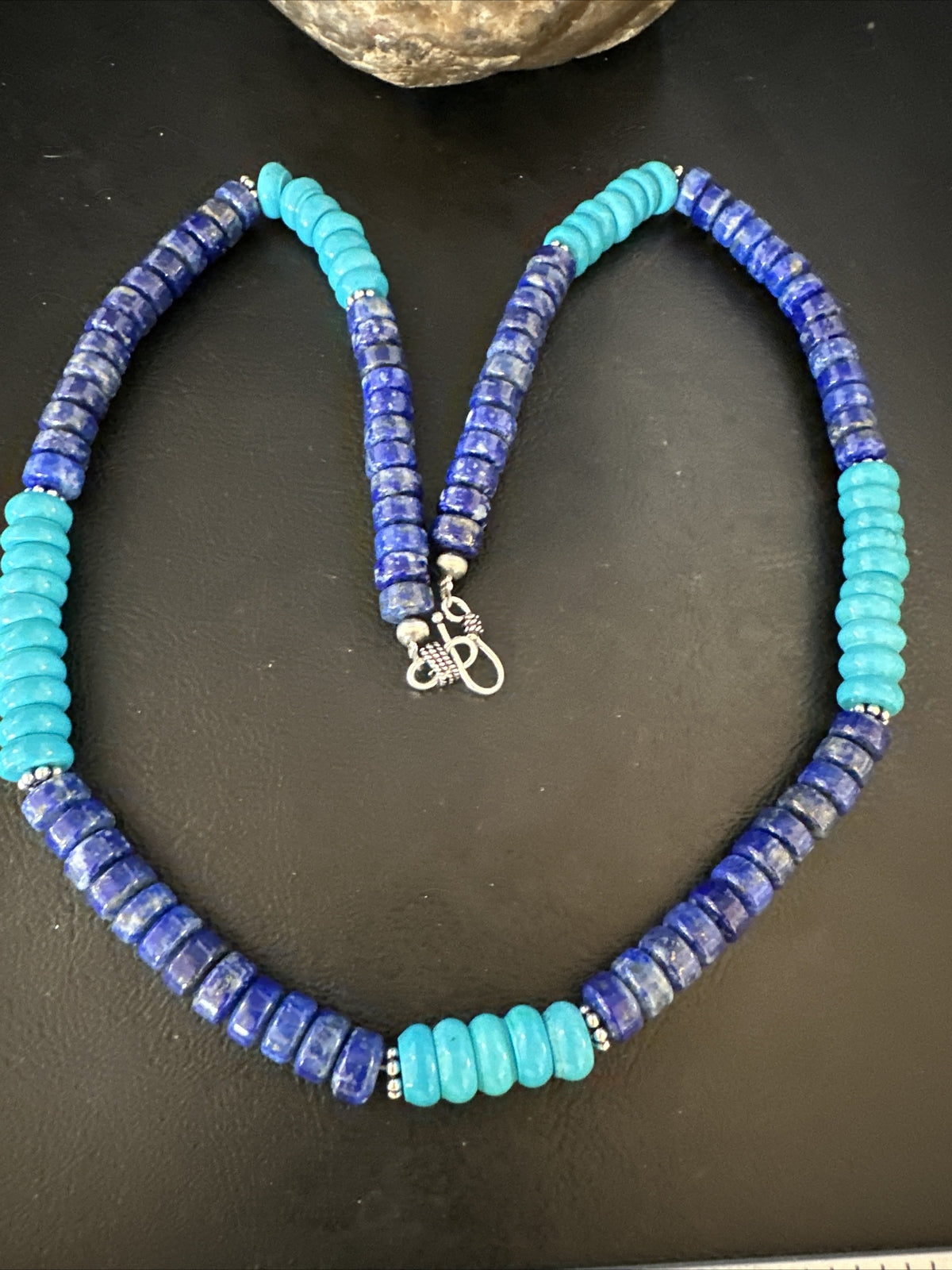 Mens Navajo Beads Lapis Sterling Silver Necklace Turquoise 23” 14941
