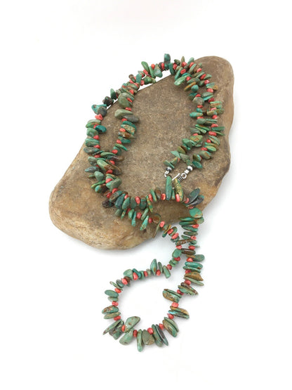 Green Turquoise & Spiny Oyster Navajo Sterling Silver Necklace 34" 04738