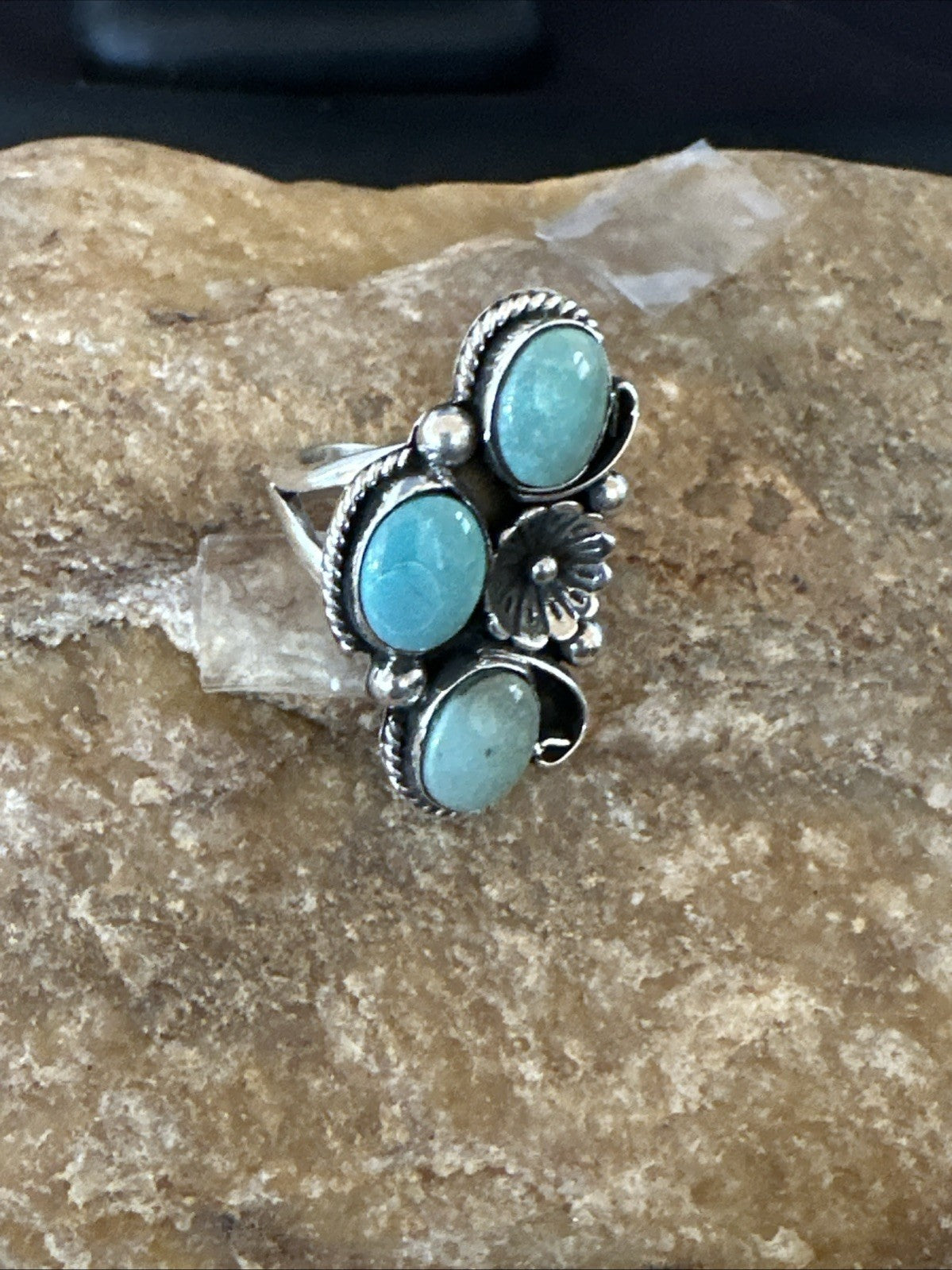 Yazzie Ring Green Turquoise Navajo Sterling Silver Cluster Size 8 19222