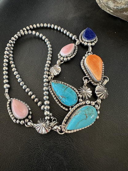 Multicolor Spiny Lapis Pendant Navajo Sterling Silver Lariat Necklace 28" 19439