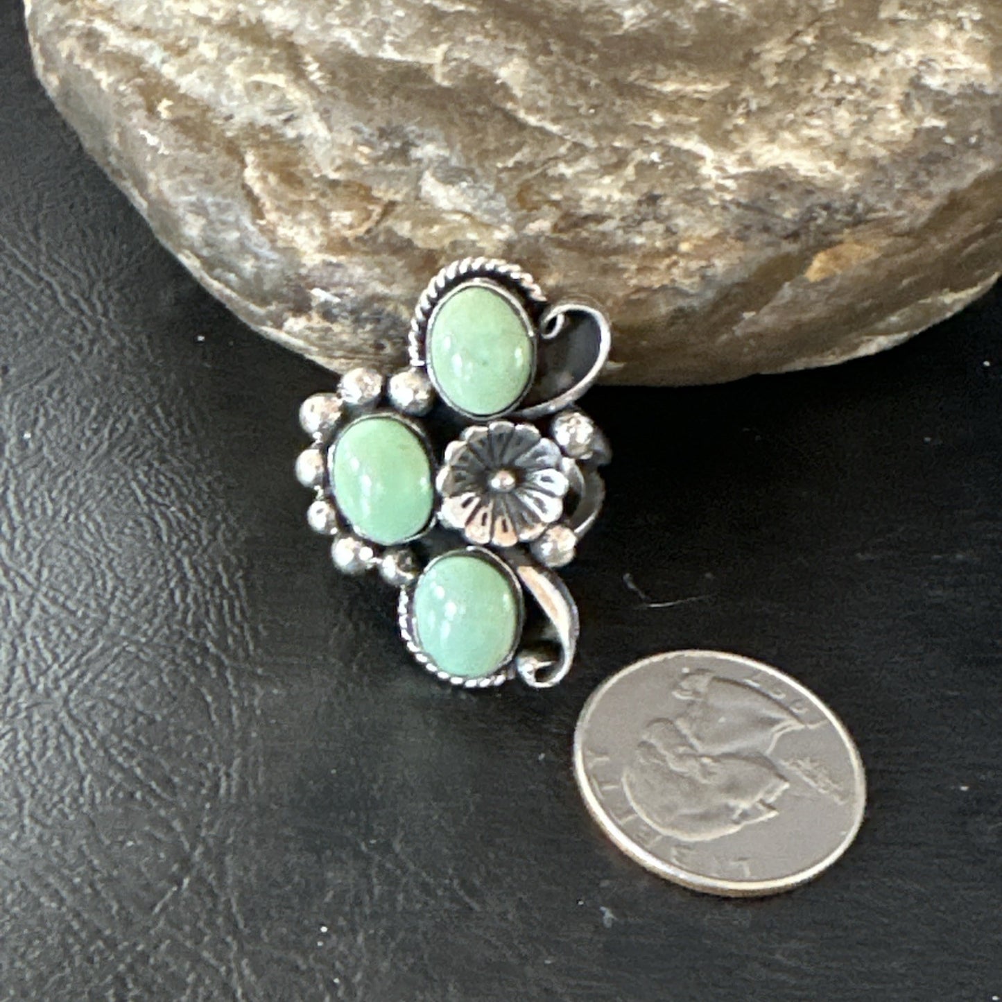 Yazzie Ring Green Turquoise Navajo Sterling Silver Cluster Size 9 19209