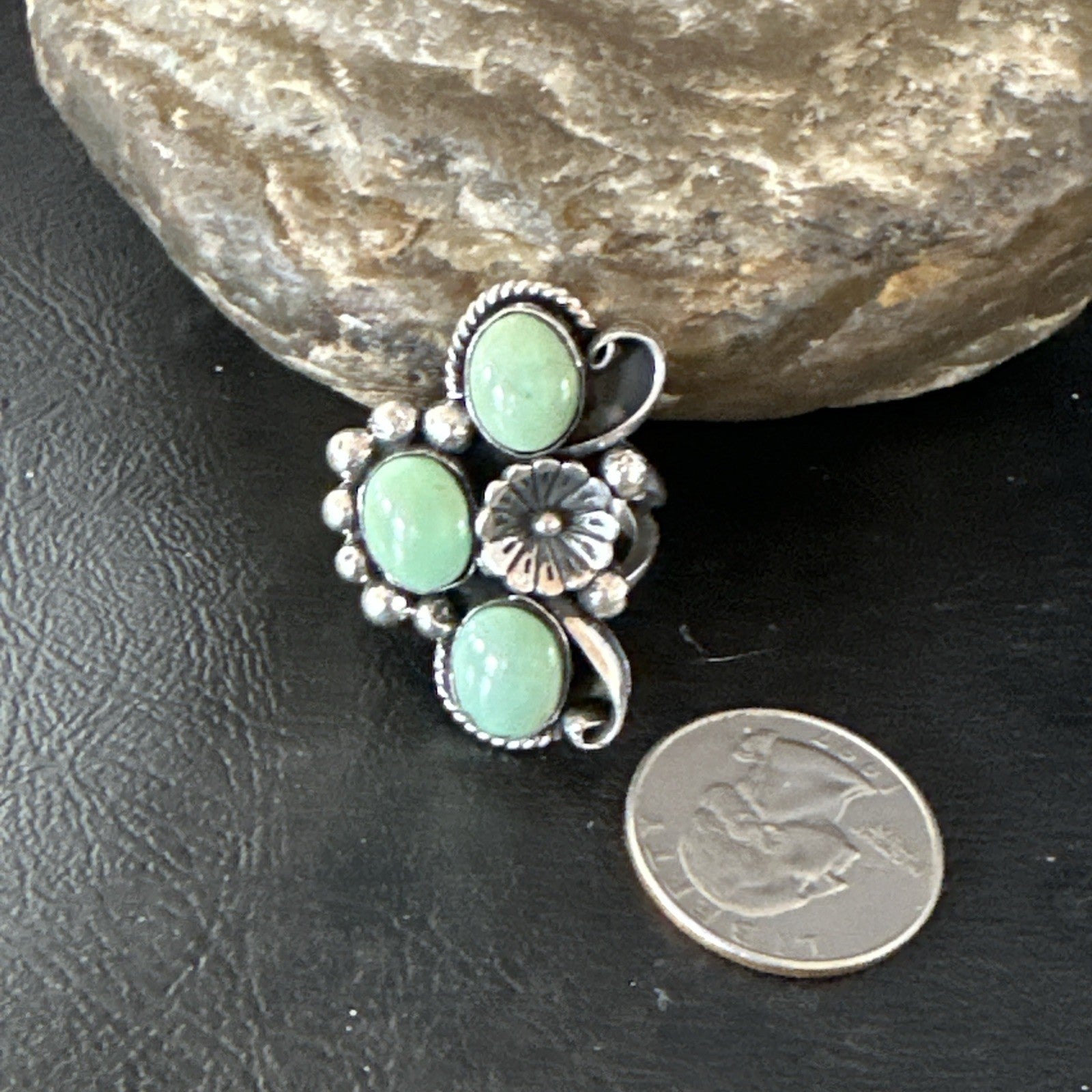 Yazzie Ring Green Turquoise Navajo Sterling Silver Cluster Size 9 19209