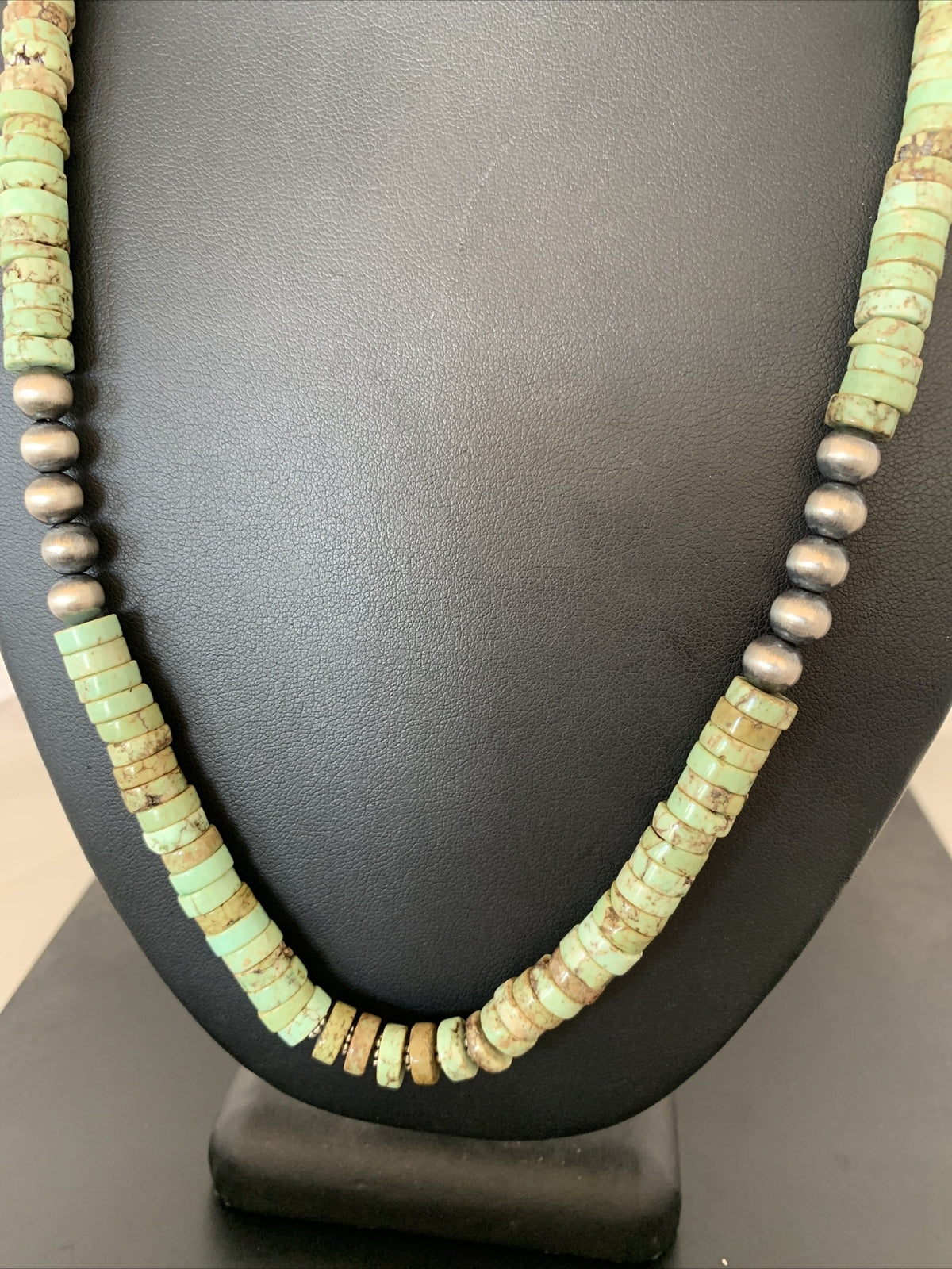 Men Green Turquoise Heishi Sterling Silver Necklace Navajo P Stab 8mm 22” 10084