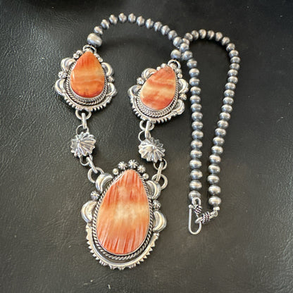 Orange Spiny Oyster Pendant Navajo Sterling Silver Lariat Necklace 21" 18628