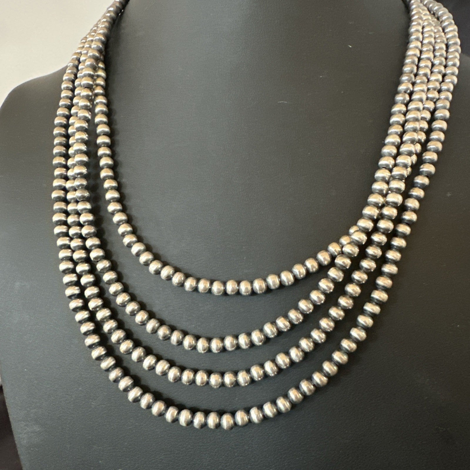 4mm Sterling Silver 4 Strand Bib 16-19”Navajo Pearls Cone Necklace 19397